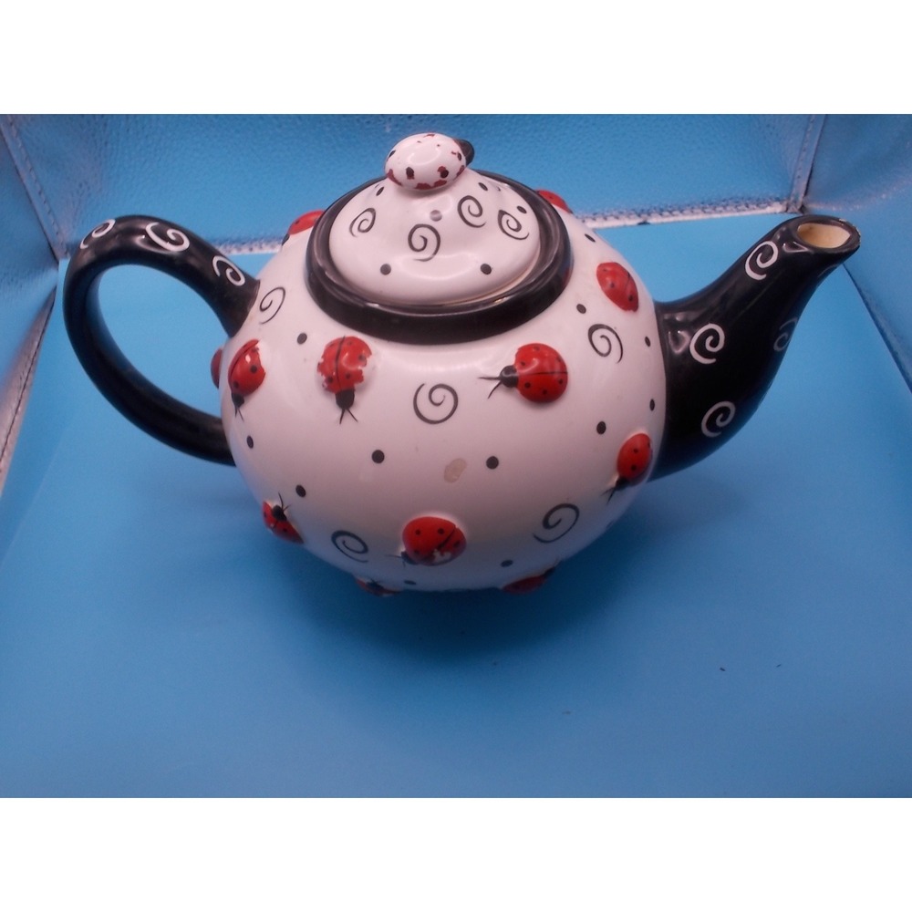 Whimsical Ladybug Ceramic Teapot White Black Polka Dot 3D Ladybugs Novelty Pot